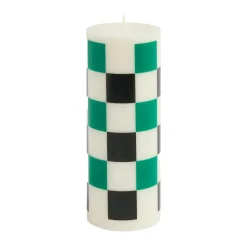 Column Candle blockljus medium 20 cm, Off white-green-black check